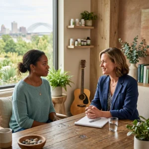 Two women engaged in a friendly conversation at a wooden table.