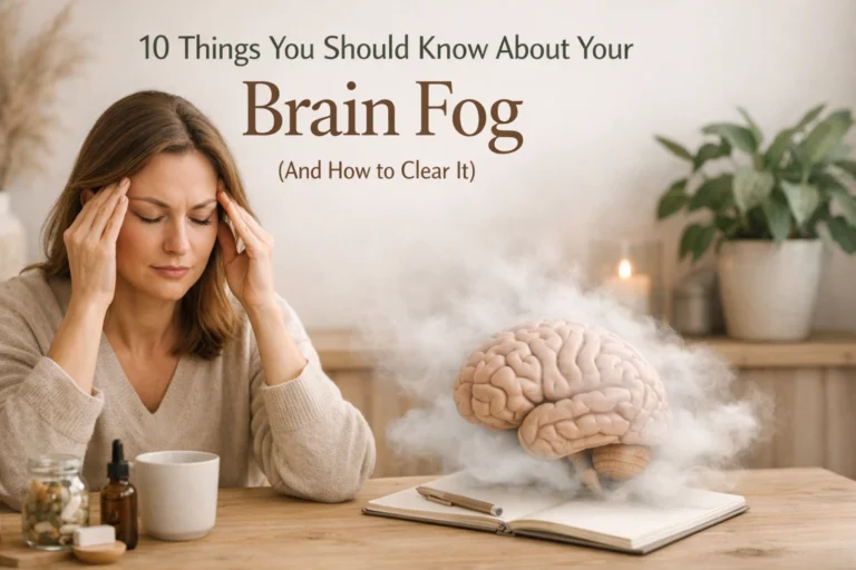 Woman experiencing brain fog with visual of a brain and laptop.