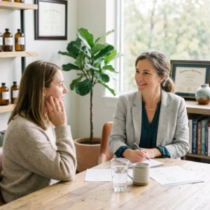 Two women engaged in a serious conversation at a table.