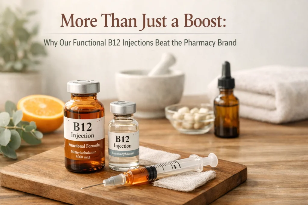 B12 vitamin supplements and injection tools displayed on a wooden board.