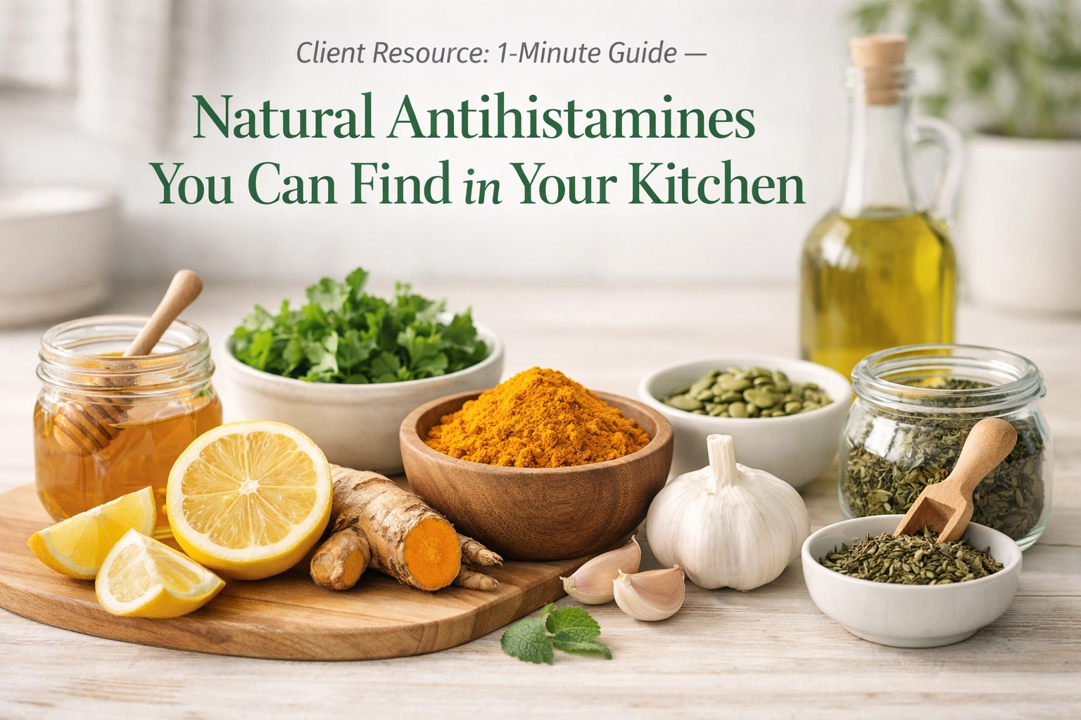 Natural antihistamines like turmeric and ginger displayed on a kitchen table.