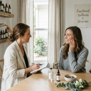 Two women chatting over coffee at a cozy cafe table.