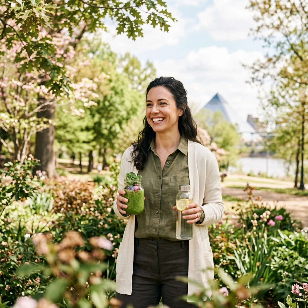 A woman enjoying a sunny day in a garden, holding a green drink.