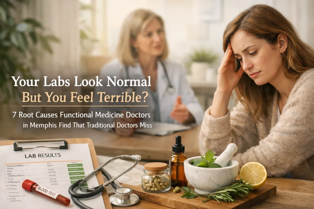 Woman looking distressed with text about functional medicine doctors.