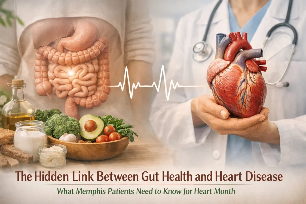 Illustration linking gut health and heart disease with a doctor and healthy foods.