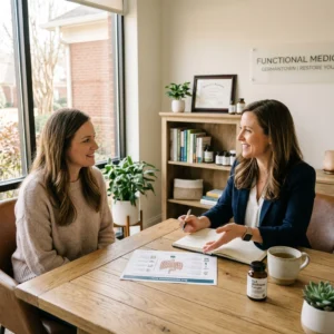 Two women having a discussion at a wooden table with documents.