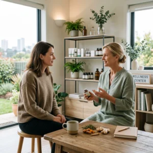 Wellness practitioner explaining supplements to client