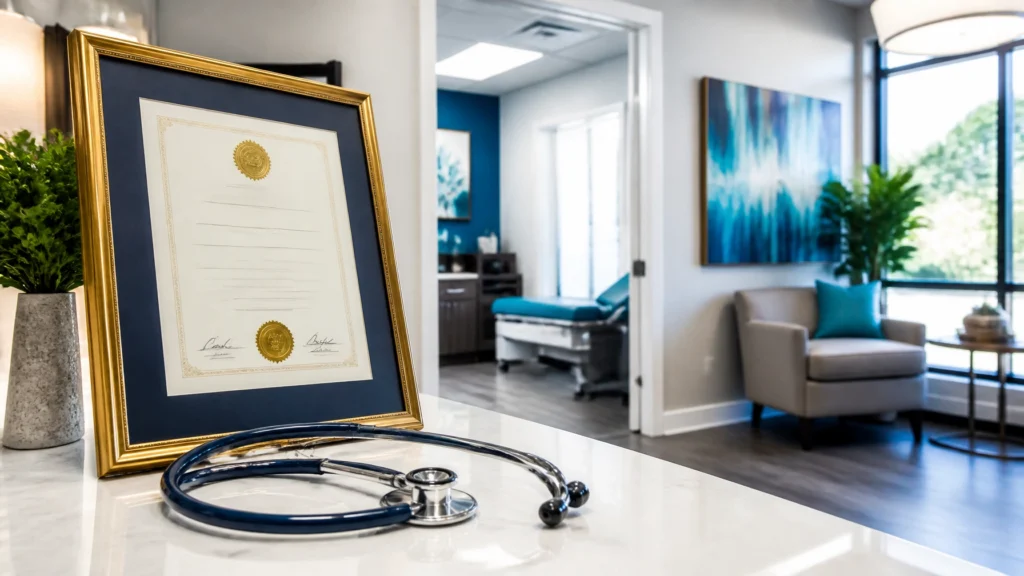 Stethoscope and framed certificate in medical office