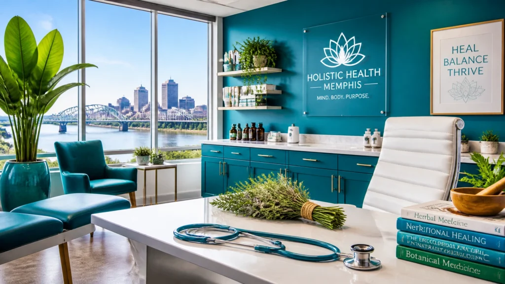 Teal holistic health clinic office with city view